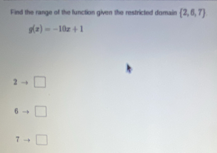 Find the range of the function given the restricted domain  2,6,7
g(x)=-10x+1
2 □
6 □
7 □