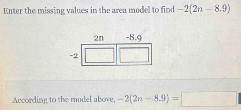 Enter the missing values in the area model to find -2(2n-8.9)
According to the model above, -2(2n-8.9)=□