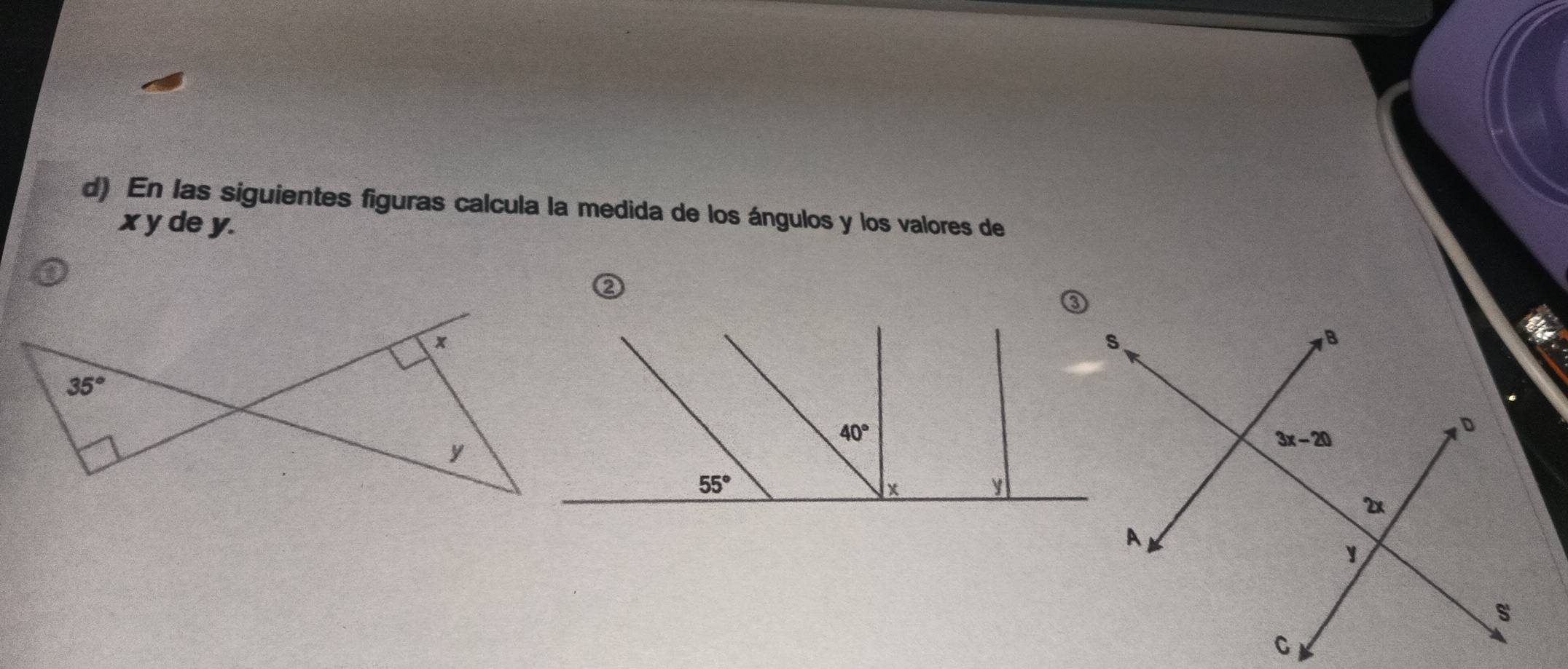 En las siguientes figuras calcula la medida de los ángulos y los valores de
x y de y.
②