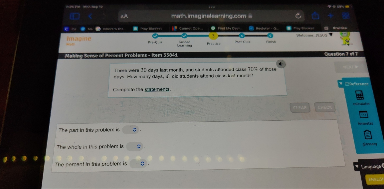 8-25 PM Man Sep 12 . = ④ 59% = math.imaginelearning.com C Ca where's ...