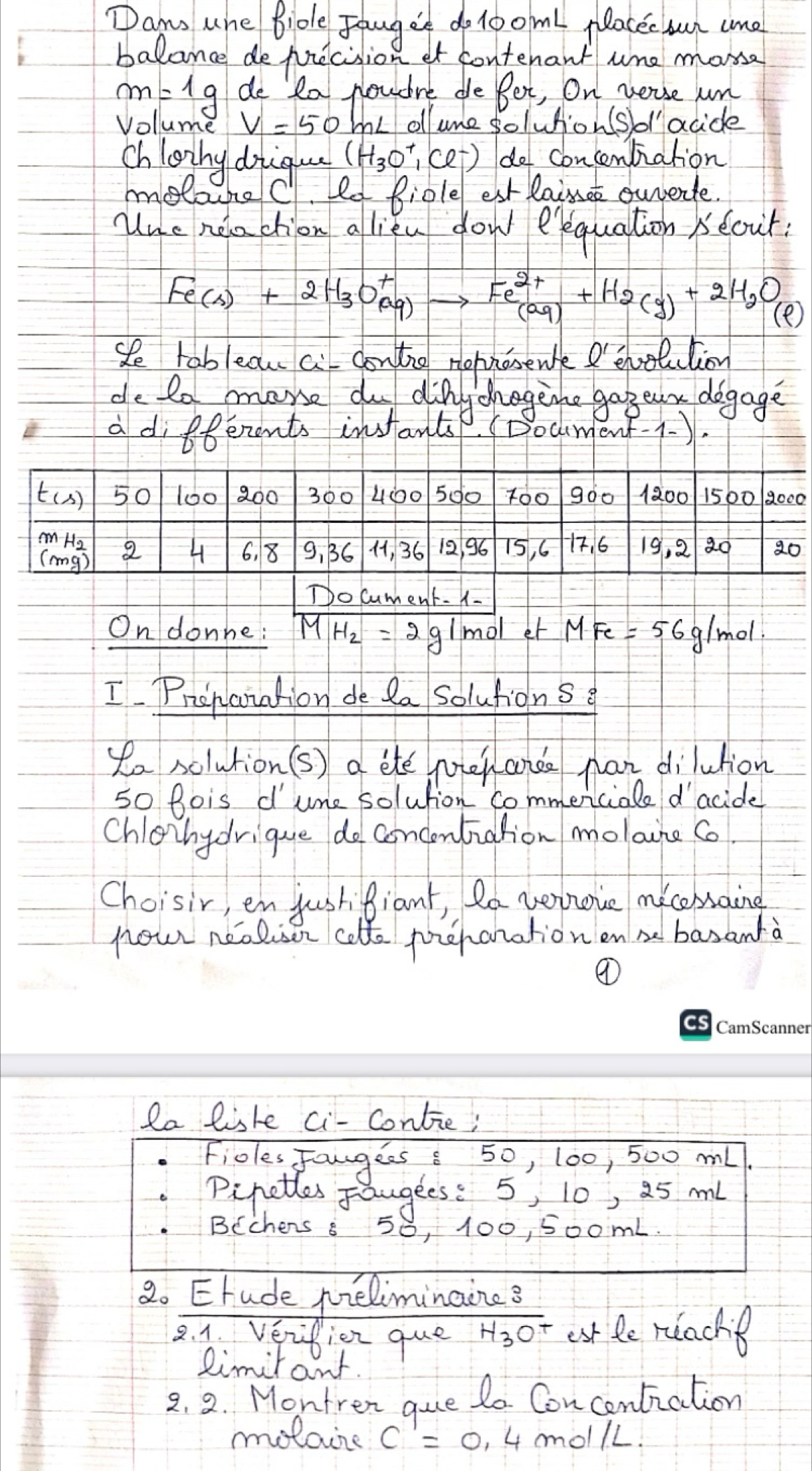 Dans une Biole Jauget do 10oml peacec sun ome
balance de precision et contenant une mone
m=1g de 2a nowore de Ber, On neuse un
volume V=50 me oll une solutionsol acide
chlonny digu (H_3O^+_1Cl^-) do concentiation
moloureC. ld Biole est lainee ouvenle.
Mue nelachion a lien dowd eequation /ecut.
Fe(s)+2H_3O^+_aq Fe^(2+)_(aq)+H_2(g)+2H_2O(l)
se rablean a dontng rohnosewe 'evoulion
do to more do difychogethe gag eur degage
a differents instantp. (Bocment-(-).
t(s) 50 l0o Z00 300 4:00 500 1oo 900 1800 1500 2000
H2 2 4 6, 8 9, B6 , 36 12 96 75, 6 17, 6 19, 2 20 20
(rmg )
Do Cument. 1-
On donne: MH_2=2g/mol er MFe=56g/mol
I Prenanation de la solutionse
te solution (s) a ete poehande nan dilution
50 Bois dune solution commeniciale d'acide
Chloihydrique doconcentiation molaine Co
Choisir, en jushibiant, la veroie micesaing
nour neolison calt prehanation en be basanta
Sa liste ci- contie;
Fioles Fangees 8 50, 100, 500 ml.
Pipettles Jaugees: 5, 10, 25 ml
BCchens 8 50, 100, 500mL
2. Erude preliminaine?
2. 1. Veifien que overline H_3O^+ est le reachs
Rimitant.
2. 2. Montren que da Concentiation
molaine c'=0.4mol/L