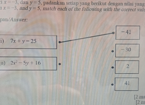 x=-3 , dan y=5 , padankan setiap yang berikut dengan nilai yang
7 x=-3 , and y=5 , match each of the following with the correct val
pan/Answer:
-41
1) 7x+y-25
-30
ii) 2x^2-5y+16
2
41
[2 ma
[2 m