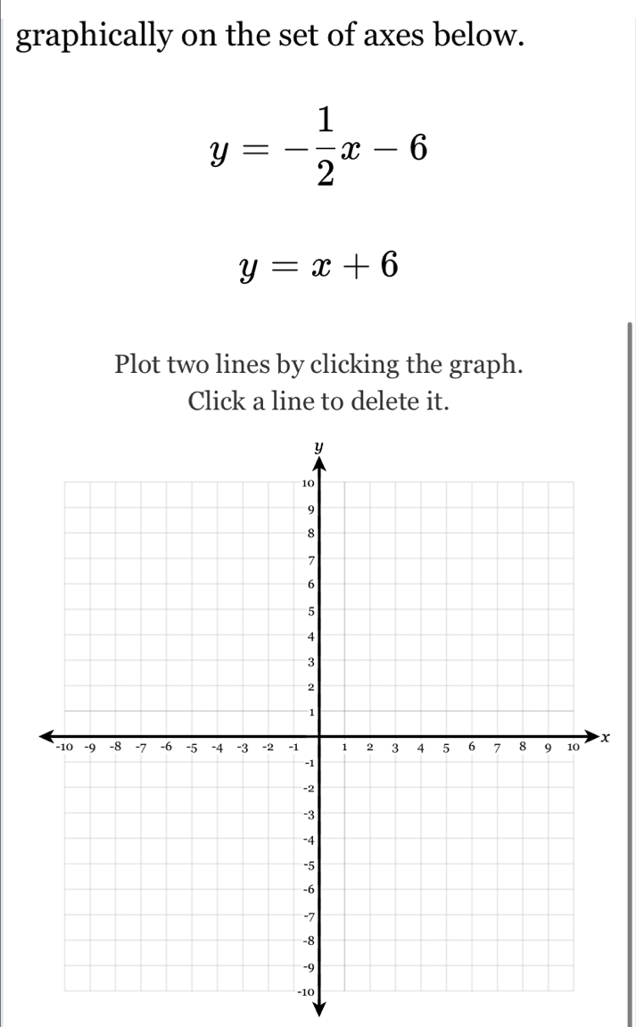 graphically on the set of axes below.
y=- 1/2 x-6
y=x+6
Plot two lines by clicking the graph.
Click a line to delete it.
x