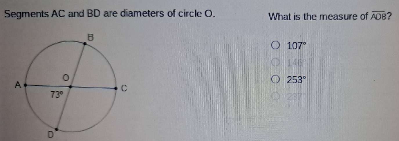 Segments AC and BD are diameters of circle O. widehat ADB ?
What is the measure of
107°
146°
253°
D