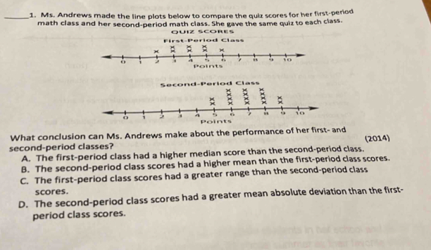 Ms. Andrews made the line plots below to compare the quiz scores for her first-period
math class and her second-period math class. She gave the same quiz to each class.
QÜiz Scores
Irst-Period Class
)( )
. :, :, 1o
ò i > . Points
Second-Period Class
What conclusion can Ms. Andrews make about the performance of her first- and
second-period classes? (2014)
A. The first-period class had a higher median score than the second-period class.
B. The second-period class scores had a higher mean than the first-period class scores.
C. The first-period class scores had a greater range than the second-period class
scores.
D. The second-period class scores had a greater mean absolute deviation than the first-
period class scores.