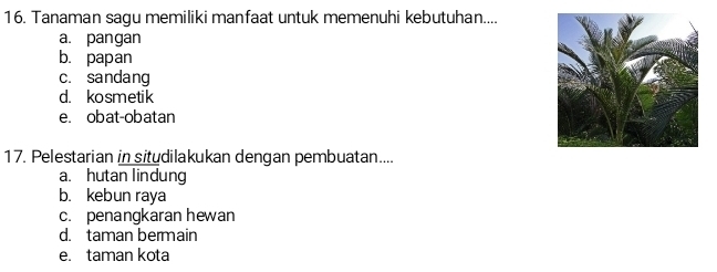 Tanaman sagu memiliki manfaat untuk memenuhi kebutuhan....
a. pangan
b. papan
c. sandang
d. kosmetik
e. obat-obatan
17. Pelestarian in situdilakukan dengan pembuatan....
a. hutan lindung
b. kebun raya
c. penangkaran hewan
d. taman bermain
e. taman kota