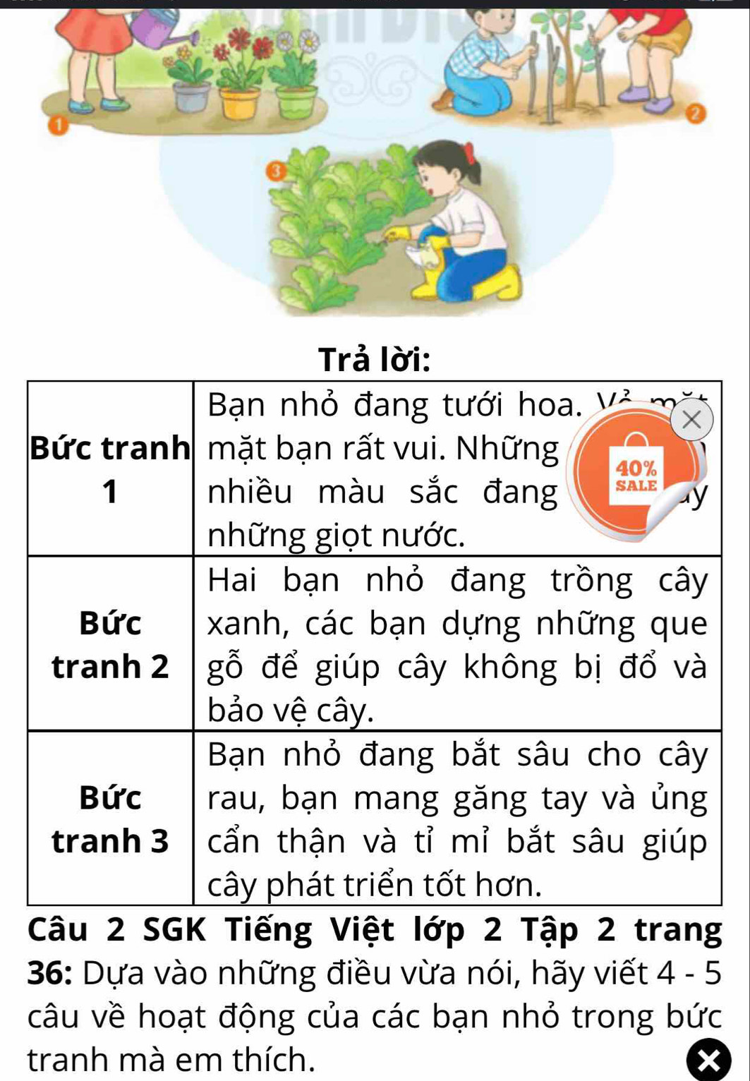 Câu 2 SGK Tiếng Việt lớp 2 Tập 2 trang 
36: Dựa vào những điều vừa nói, hãy viết 4 - 5
câu về hoạt động của các bạn nhỏ trong bức 
tranh mà em thích.