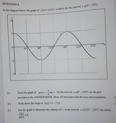 x∈ (0°;270°).
In the diagram below, the graph of f(x)=cos 2x is drawn for the interval
6.1 Draw the graph of g(x)=- 1/2 tan x for the interval x∈ [0°;270°] on the grid
provided in the ANSWER BOOK. Show all intercepts with the axes and asymptotes.   
6.2 Write down the range of h(x)=3-f(x).
6.3 Use the graph to determine the value(s) of x in the interval x∈ [135°;270°] for which
 f(x)/g(x) ≥ 0.