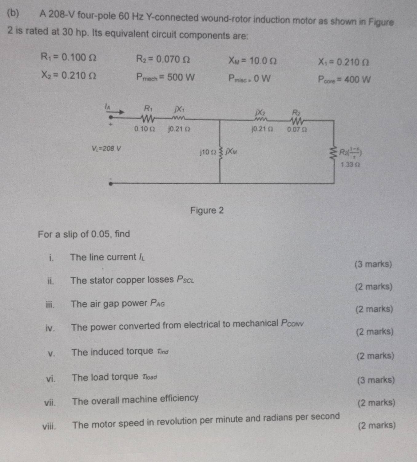 A 208-V four-pole 60 Hz Y-connected wound-rotor induction motor as shown in Figure
2 is rated at 30 hp. Its equivalent circuit components are:
R_1=0.100Omega
R_2=0.070Omega
X_M=10.0Omega
X_1=0.210Omega
X_2=0.210Omega
P_mech=500W P_misc=0W
P_core=400W
For a slip of 0.05, find
i. The line current /
(3 marks)
ii. The stator copper losses Pscl
(2 marks)
iii. The air gap power P_AG
(2 marks)
iv. The power converted from electrical to mechanical Pcowv
(2 marks)
v. The induced torque Tind
(2 marks)
vi. The load torque Tload
(3 marks)
vii. The overall machine efficiency
(2 marks)
viii. The motor speed in revolution per minute and radians per second
(2 marks)