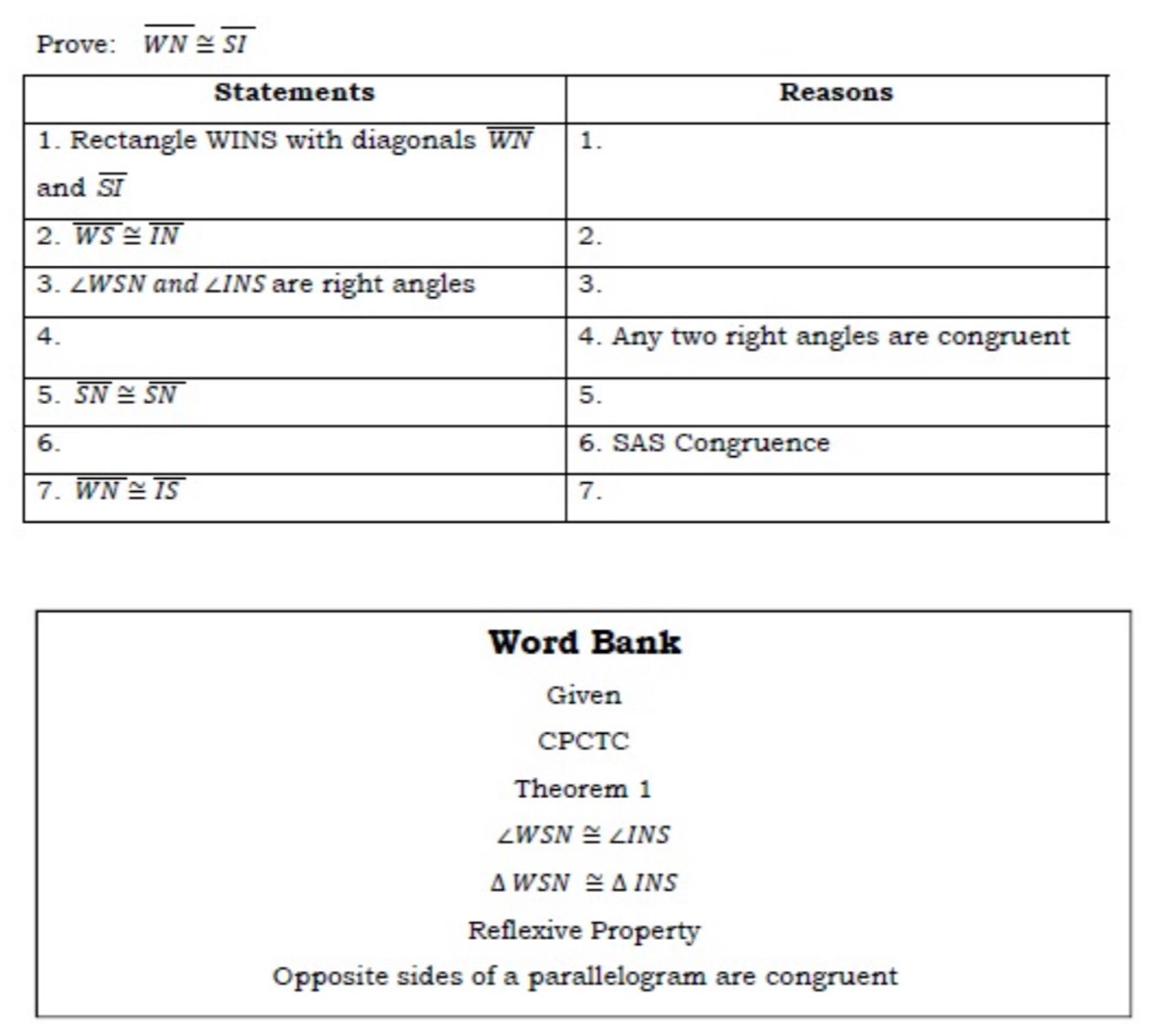 Prove: overline WN≌ overline SI
Word Bank
Given
CPCTC
Theorem 1
∠ WSN≌ ∠ INS
△ WSN≌ △ INS
Reflexive Property
Opposite sides of a parallelogram are congruent