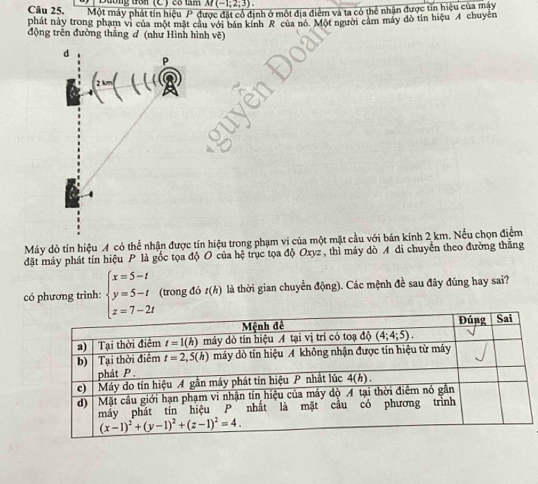 Dường trần (C) có tâm M(-1;2;3).
Câu 25. Một máy phát tín hiệu P được đặt cổ định ở một địa điểm và ta có thể nhận được tin hiệu của máy
phát này trong phạm vi của một mặt câu với bán kính R"của nó. Một người cầm máy đò tín hiệu  4 chuyên
động trên đường thắng đ (như Hình hình vẽ)
Máy dò tín hiệu A có thể nhận được tín hiệu trong phạm vi của một mặt cầu với bán kinh 2 km. Nếu chọn điểm
đặt máy phát tín hiệu P là gốc tọa độ O của hệ trục tọa độ Oxyz , thì máy dò A di chuyển theo đường thăng
có phương trình: beginarrayl x=5-t y=5-t z=7-2tendarray. (trong đó t(h) là thời gian chuyển động). Các mệnh đề sau đây đúng hay sai?