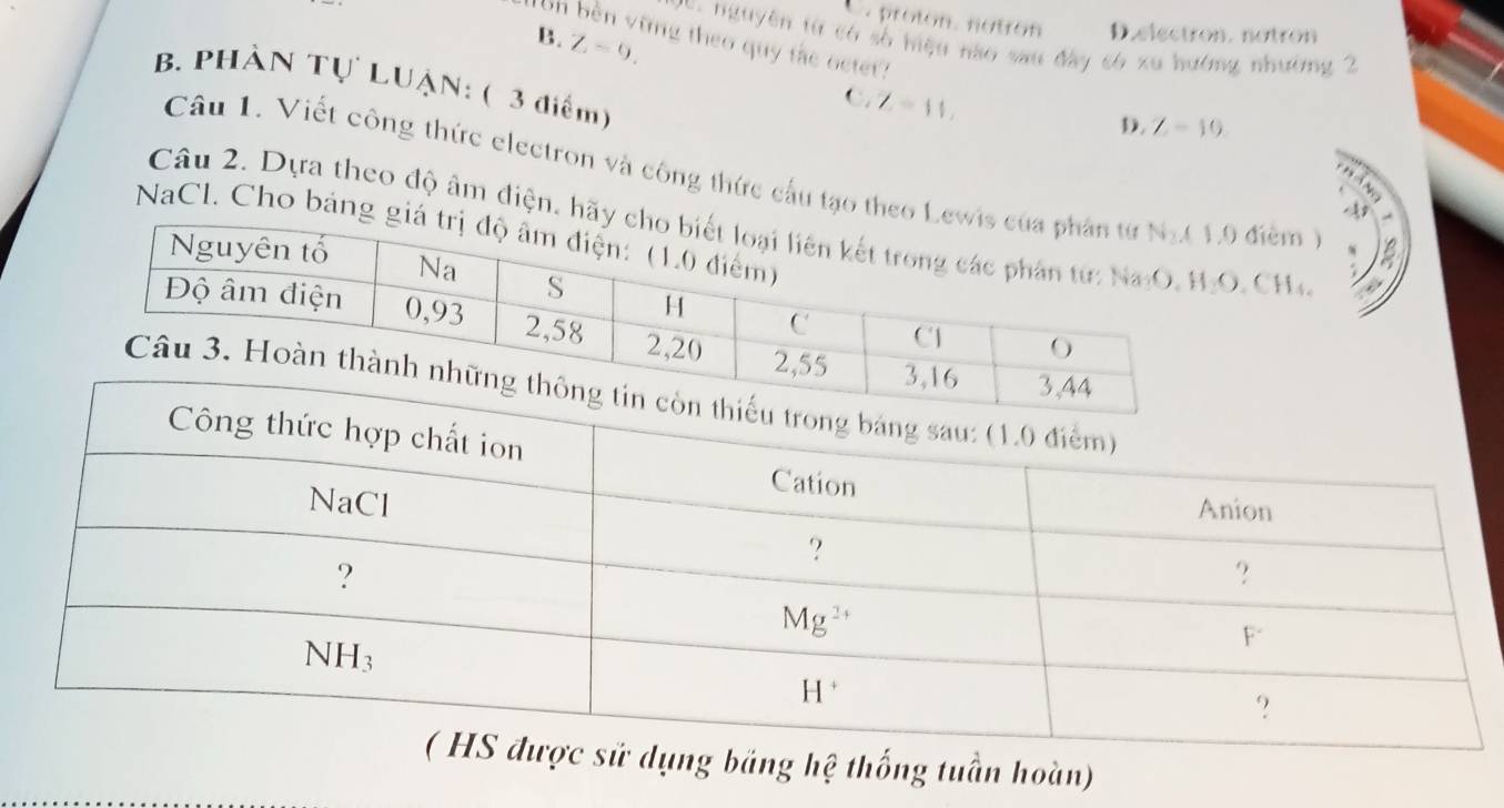 .proton. notron D.electron. notron
=== nguyên từ có số hiệu nào sau đây só xu hướng nhường 2
Tồn bèn vững theo quy tàe octet'
B. Z-9. C. Z=11,
B. PHÀN Tự LUẠN: ( 3 điểm)
D. Z-10.
Câu 1. Viết công thức electron và công thức cầu tạo the dièm )
Câu 2. Dựa theo độ âm điện, h CH
NaCl. Cho bản
bảng hệ thống tuần hoàn)