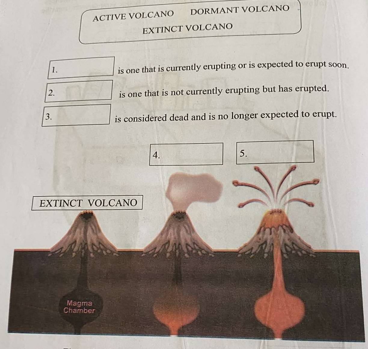 ACTIVE VOLCANO DORMANT VOLCANO 
EXTINCT VOLCANO 
1. 
is one that is currently erupting or is expected to erupt soon. 
2. is one that is not currently erupting but has erupted. 
3. 
is considered dead and is no longer expected to erupt.