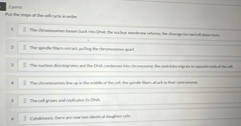 games 
Put the steps of the cell cycle in order. 
1 The chromosomes loosen back into DNA; the nuclear membrane reforms; the cleavage furrowfcell plates form. 
2 The spindle fibers retract, pulling the chromosomes apart. 
3 The mucleus disintegrates and the DN A condenses into chromosome; the centrioles migrate to opposite ends of the cell. 
4 The chromosomes line up in the middle of the cell; the spindle fibers attach to their centromeres. 
5 The cell grows and replicates its DNA. 
6 # Cytokinesis; there are now two identical daughter cells