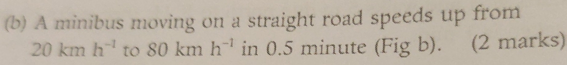 A minibus moving on a straight road speeds up from
20kmh^(-1) to 80kmh^(-1) in 0.5 minute (Fig b). (2 marks)