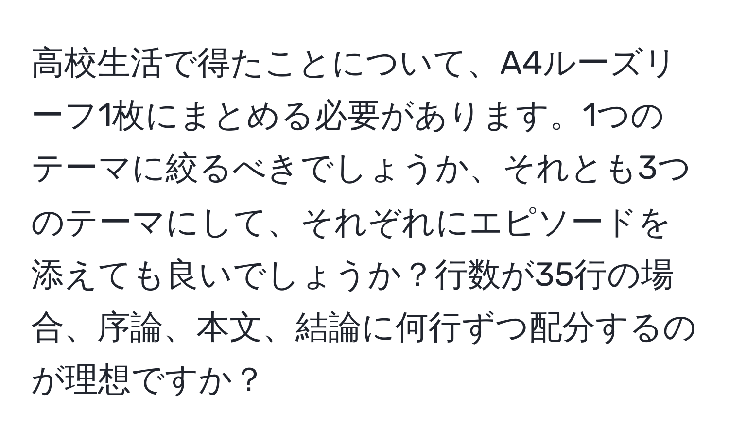 高校生活で得たことについて、A4ルーズリーフ1枚にまとめる必要があります。1つのテーマに絞るべきでしょうか、それとも3つのテーマにして、それぞれにエピソードを添えても良いでしょうか？行数が35行の場合、序論、本文、結論に何行ずつ配分するのが理想ですか？