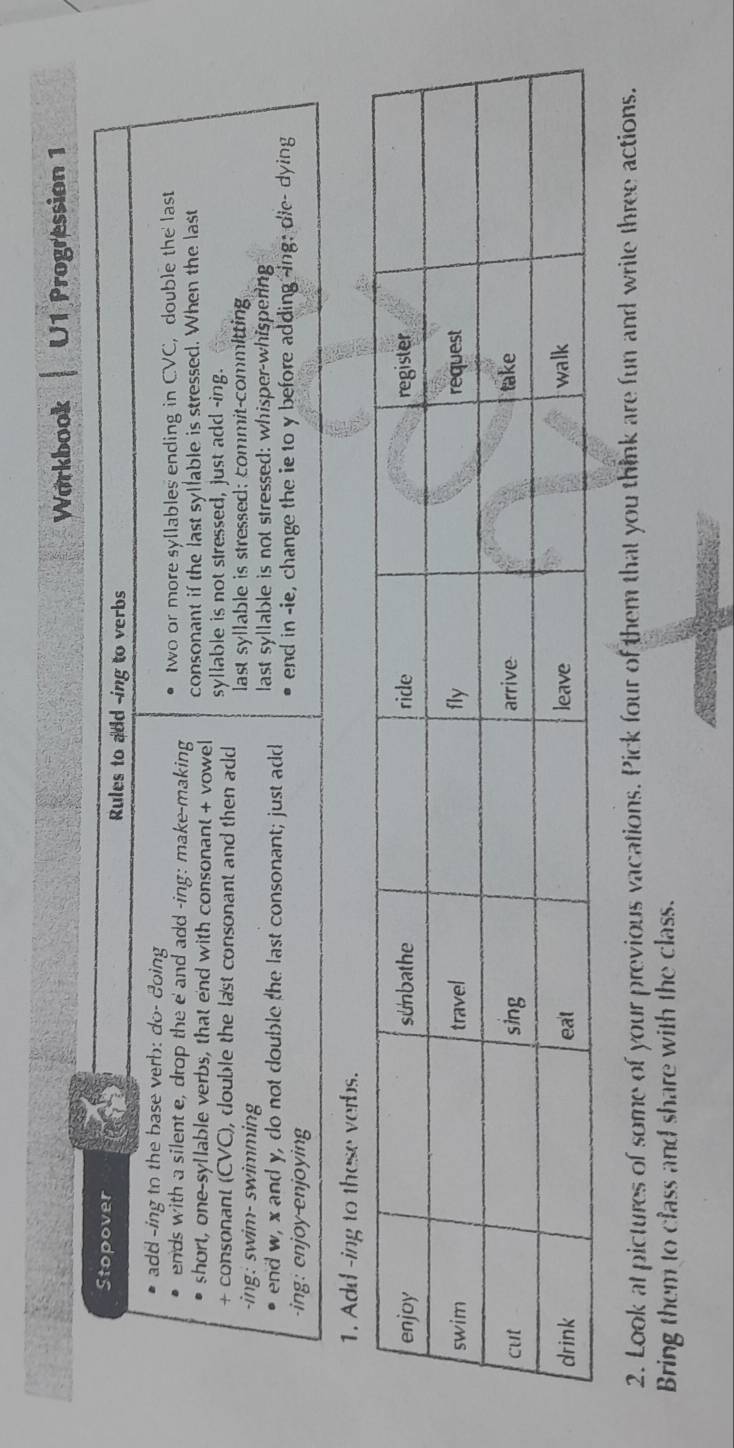 Workbook U1 Progression 1 
Stopover 3 Rules to add -ing to verbs 
add -ing to the base verb: do- doing 
ends with a silent e, drop the e and add -ing: make-making two or more syllables ending in CVC, double the last 
short, one-syllable verbs, that end with consonant + vowel consonant if the last syllable is stressed. When the last 
+ consonant (CVC), double the last consonant and then add syllable is not stressed, just add -ing. 
-ing: swim- swimming last syllable is stressed; commit-committing 
end w, x and y, do not double the last consonant; just add last syllable is not stressed: whisper-whispering 
-ing: enjoy-enjoying end in -ie, change the ie to y before adding -ing; die- dying 
1. Add-ing to these verbs. 
2. Look at pictures of some of your previous vacations. Pick four of them that you think are fun and write three actions. 
Bring them to class and share with the class.