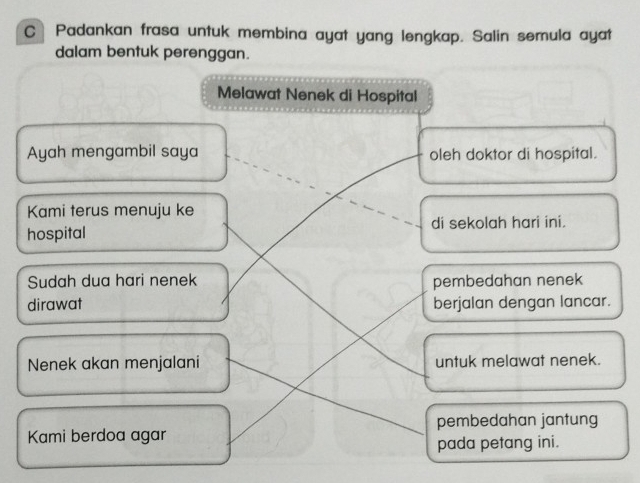 Padankan frasa untuk membina ayat yang lengkap. Salin semula ayat 
dalam bentuk perenggan. 
Melawat Nenek di Hospital 
Ayah mengambil saya oleh doktor di hospital. 
Kami terus menuju ke 
hospital di sekolah hari ini. 
Sudah dua hari nenek pembedahan nenek 
dirawat berjalan dengan lancar. 
Nenek akan menjalani untuk melawat nenek. 
Kami berdoa agar pembedahan jantung 
pada petang ini.