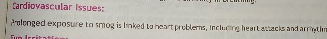 Cardiovascular Issues: 
Prolonged exposure to smog is linked to heart problems, including heart attacks and arrhythn