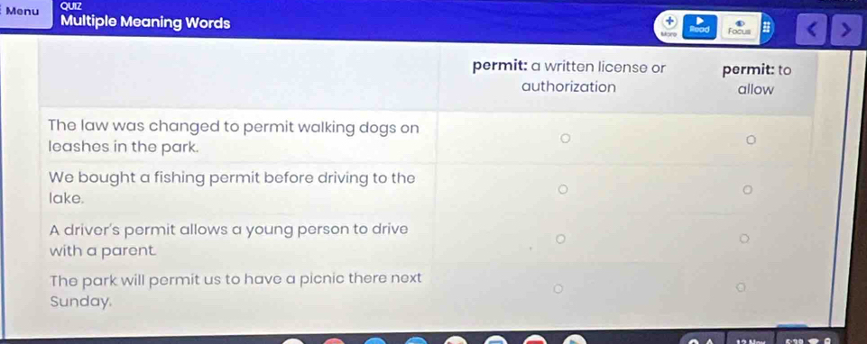 QUIZ 
Menu Multiple Meaning Words Focus a