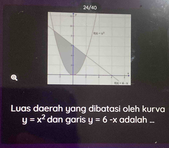 24/40
Luas daerah yang dibatasi oleh kurva
y=x^2 dan garis y=6-x adalah ...