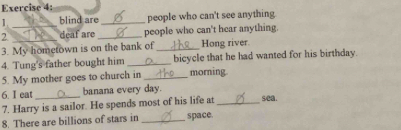 blind are _people who can't see anything. 
2. __deaf are _people who can't hear anything. 
3. My hometown is on the bank of_ Hong river. 
4. Tung's father bought him _bicycle that he had wanted for his birthday. 
5. My mother goes to church in _morning. 
6. I eat _banana every day. 
7. Harry is a sailor. He spends most of his life at _sea. 
8. There are billions of stars in _space.