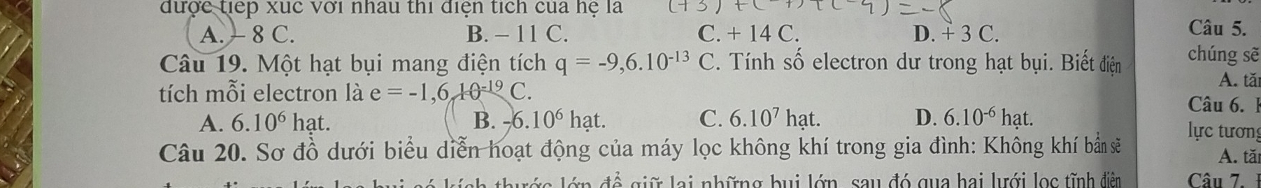 được tiếp xuc Với nhâu thi điện tích của hệ là
A. - 8 C. B. - 11 C. C. + 14 C. D. + 3 C. Câu 5.
Câu 19. Một hạt bụi mang điện tích q=-9,6.10^(-13) C. Tính số electron dư trong hạt bụi. Biết điện chúng sẽ
tích mỗi electron là e=-1,6,10^(-19)C.
A. tă
A. 6.10^6 hạt. B. -6. 10^6 hạt. C. 6.10^7hat. D. 6.10^(-6) hạt.
Câu 6. 1
lực tương
Câu 20. Sơ đồ dưới biểu diễn hoạt động của máy lọc không khí trong gia đình: Không khí bản sẽ
A. tă
đề giữ lại những bui lớn, sau đó qua hai lưới lọc tĩnh điễn Câu 7.