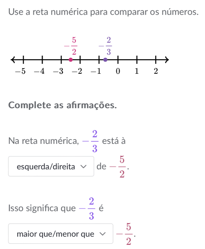 Use a reta numérica para comparar os números.
Complete as afrmações.
Na reta numérica, - 2/3  está à
esquerda/direita de - 5/2 .
Isso significa que - 2/3  é
maior que/menor que - 5/2 .