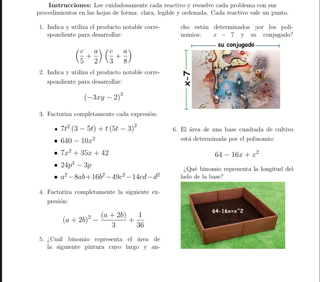 Instrucciones: Lee cuidadosamente cada reactivo y resuelve cada problema con sus
procedimientos en las hojas de forma: clara, legible y ordenada. Cada reactivo vale un punto.
1. Indica y utiliza el producto notable corre- cho están determinados por los poli-
spondiente para desarrollar: nomios: x-7 y su conjugado?
( c/5 + a/2 )( c/3 + a/8 )
2. Indica y utiliza el producto notable corre-
spondiente para desarrollar:
(-3xy-2)^3
3. Factoriza completamente cada expresión:
7t^2(3-5t)+t(5t-3)^2
6. El área de una base cuadrada de cultivo
640-10x^2 está determinada por el polinomio:
7x^2+35x+42
64-16x+x^2
24p^4-3p
¿Qué binomio representa la longitud del
a^2-8ab+16b^2-49c^2-14cd-d^2 lado de la base?
4. Factoriza completamente la siguiente ex-
presión:
(a+2b)^2- ((a+2b))/3 + 1/36 
5. ¿Cuál binomio representa el área de
la siguiente pintura cuyo largo y an-