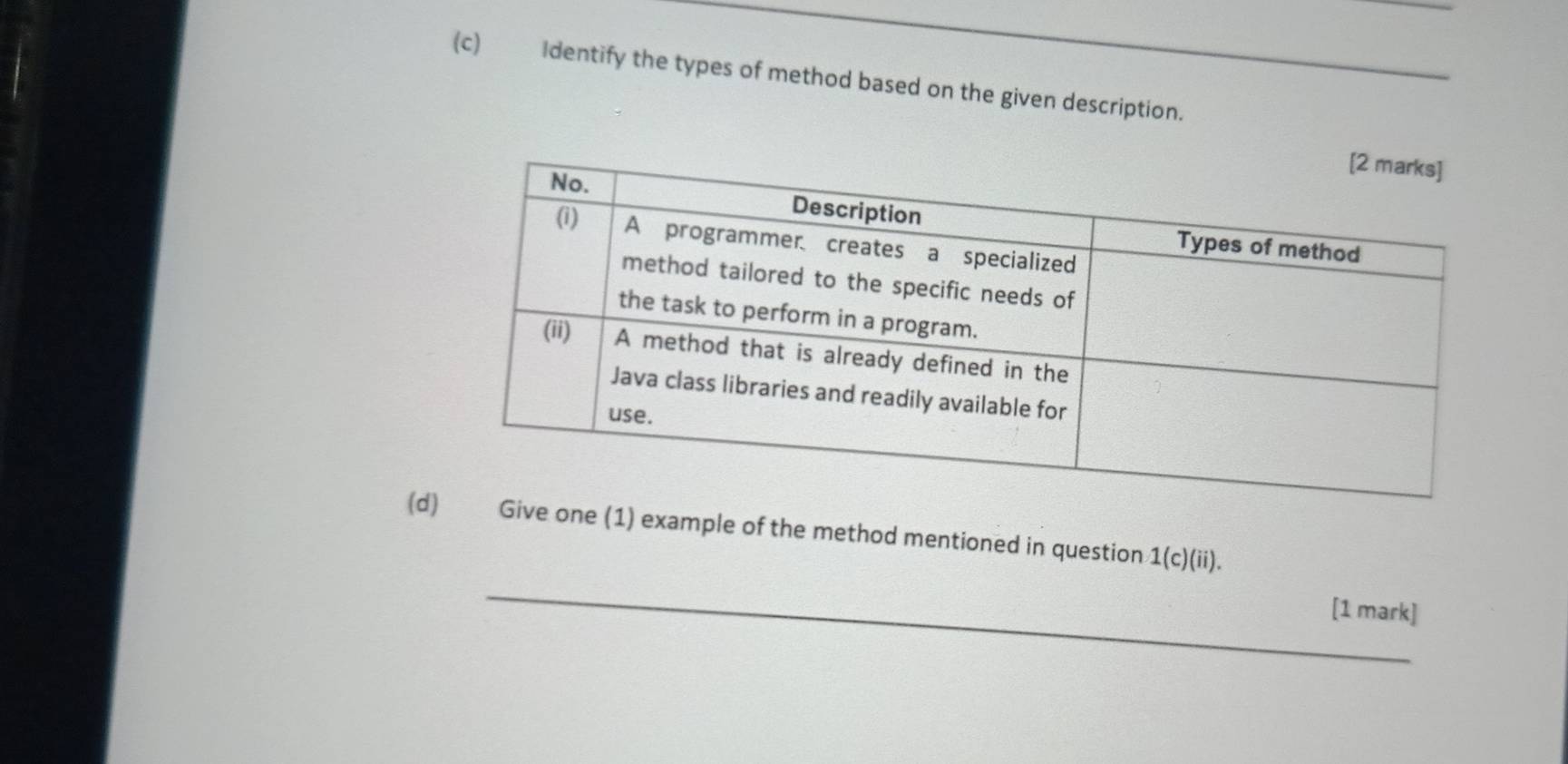 Identify the types of method based on the given description. 
(done (1) example of the method mentioned in question 1(c)(ii). 
_ 
[1 mark]