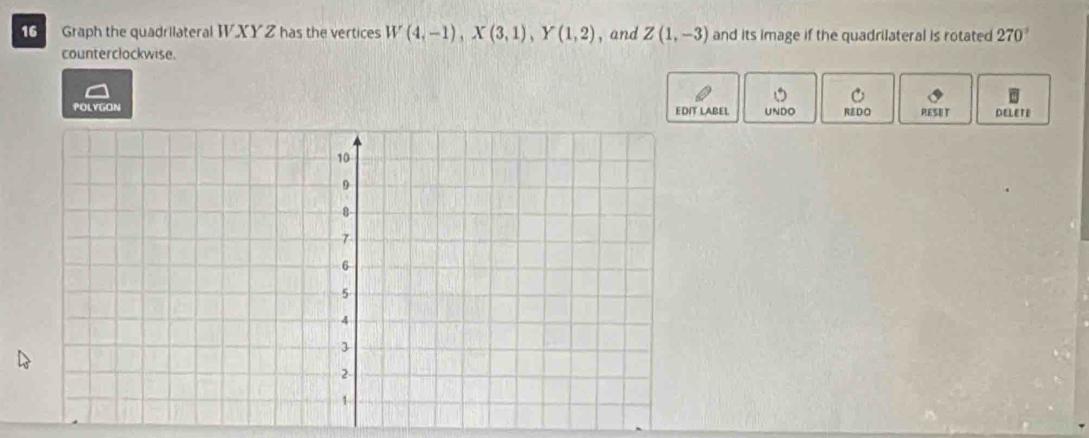 Graph the quadrilateral W XY Z has the vertices W(4,-1), X(3,1), Y(1,2) , and Z(1,-3) and its image if the quadrilateral is rotated 270°
counterclockwise. 
POLYGON EDIT LABEL UNDO REDO RESET DELETE