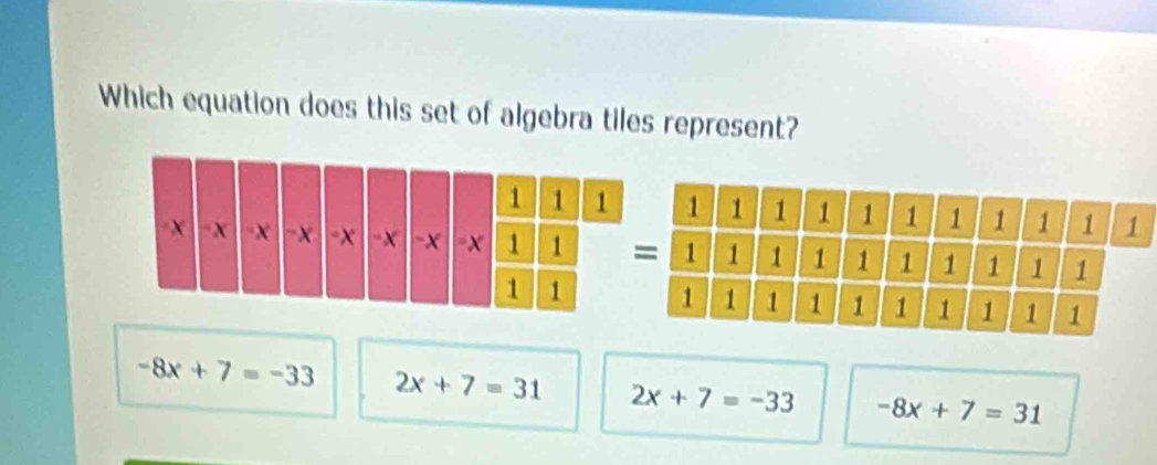 Which equation does this set of algebra tiles represent?
-8x+7=-33 2x+7=31 2x+7=-33 -8x+7=31