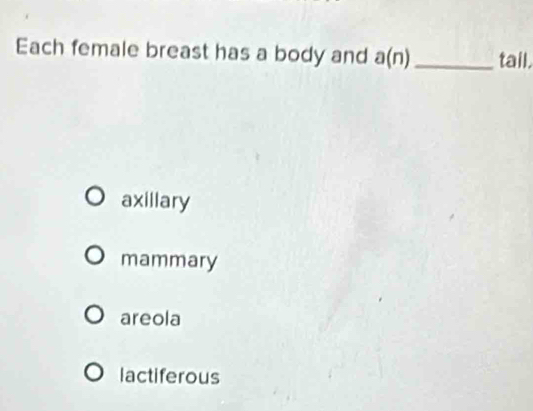 Each female breast has a body and a(n) _ tail.
axillary
mammary
areola
lactiferous