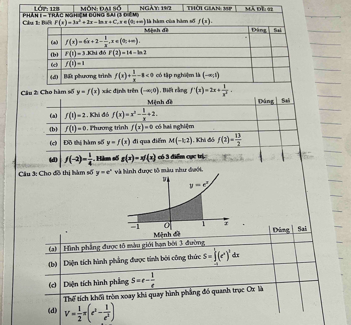 Cho hàm số y=f(x) xác định trên (-∈fty ;0). Biết rằng f'(x)=2x+ 1/x^2 .
Mệnh đề Đúng Sai
(a) f(1)=2. Khi đó f(x)=x^2- 1/x +2.
(b) f(1)=0. Phương trình f(x)=0 có hai nghiệm
(c) Đồ thị hàm số y=f(x) đi qua điểm M(-1;2). Khi đó f(2)= 13/2 
(d) f(-2)= 1/4 . Hàm số g(x)=xf(x) có 3 điểm cực trị.
Câu 3: Cho đồ thị hàm số y=e^x và hình được tô màu như dưới.
Đúng
Sai
(a) Hình phẳng được tô màu giới hạn bởi 3 đường
(b) Diện tích hình phẳng được tính bởi công thức S=∈tlimits _(-1)^1(e^x)^2dx
(c)  Diện tích hình phẳng S=e- 1/e 
Thể tích khối tròn xoay khi quay hình phẳng đó quanh trục Ox là
(d) V= 1/2 π (e^2- 1/e^2 )