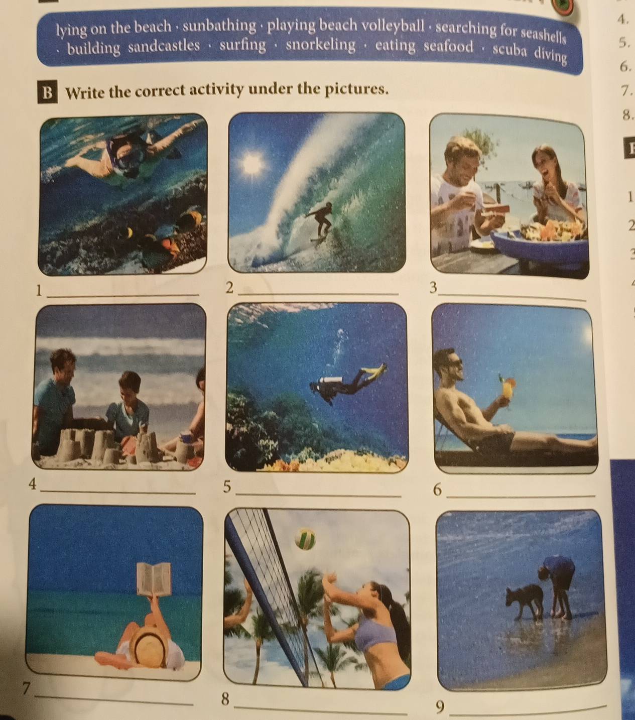 lying on the beach · sunbathing · playing beach volleyball · searching for seashells 
5. 
building sandcastles · surfing · snorkeling · eating seafood · scuba diving 
6. 
B Write the correct activity under the pictures. 7. 
8. 
1 
2 
_1 
_2 
3 
_4 
_5 
_6 
_ 
7 
_ 
8 
_9