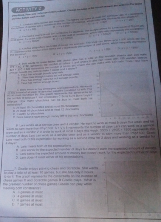 ACTIVITY 2
Directions. Read and unders and each problem. Chonse the letter of the coment answar and wits it in this spaue
provided before each number
t A bakery sella coolies and brusmies. The bakary can take at reast 200 alerw par day. Is represens
D x+y=200
_the number of cookies and y represents the number of bepanes, wh w-y=200 roges sents this stu mner
B x+y≤ 200
A. x+y≥ 200
2. A school is buying books and netebooks for students. The pudges allows for a maxienum of Ph560 On
D x∴ y≤ 60000
to be apent. If y is thie cost of books and y is the cost of nosbooks, w x+y=10000 konssents this constos e
B x-y≥ 50600
C
A x+y=50000
3. A coffee shop offert teo hypee of danks, hat and cold. The shop can seree up w 1.500 aenes per da
this stuation" if x represents the number of hot renks and y represents the number of cold drinks, which inequally represesas
C x-y≤ 1500 D x+y>1200
B x+y≥ 1500
A x+y≤ 1500
4 Boo wants to make tables and chairs. She has a total of 150 wooden boards and 350 nets
17T + 6C $150 represents the number of tables T and cheira G she can make with 150 wooden boards
_ 347+27C≤ 331 10 represents the number of tables and chairs she can make with 330 nails. Does Fleur have
enough boards and nails to make 3 tables and 9 chwrs?
A. Fleur has enough boards and nails
B Fleur has enough boards but not enough nails
C. Fleur has enough nails but not enough boards
D. Fleur has neither enough board
s. Boris wants to buy pineapples and watermelons. He wants
to buy a total of at reast 16 assorted candies (condition A) with Phip
50 at most (condition B). The graph represents the constraints on
the number of lollipops L and chocolates C Bonis buys Bons buys 6
follipops. How many chocolates can he buy to meet both his
constraints?
A At least 15 chocolates and at most 20 chocolates
B. At least 10 chocciates and at most 12 chocolates 
C Exactly 12 chocoiates 
D. Boris doesn't have enough money leff to buy any chocolates
6. Lars works as a service crew and a vendor. He want to work at most 6 days this week and he
_wants to earn more than Php1 1500S+V≤ 6 represents the number of days Lars can work as a service
crew and as a vendor V in order to work at most 6 days this week. 350S+250S>1500 represents the
number of days Lars can work as a service crew and as a vendor to earn more than Php1500. Doas
Lars meet both of his expectation by working as a service crew for 2 days and working as a vendor for
4 days?
A. Lars meets both of his expectations
B. Lars works for the expected number of days but doesn't earn the expected amount of monty
C Lars eams the expected amount of money but doesn't work for the expected number of daye
D. Lars doesn't meet either of his expectations.
_7. Giselle enjoys playing chess and Scrabble. She wants
to play a total of at least 10 games, but she has only 6 hours 1
to do it. The graph represents the constraints on the number of
chess games C and Scrabble games B Giselle plays. What is
the greatest number of chess games Giselle can play while
meeting both constraints?
A. 3 games at most
B 4 games at most
C. 6 games at most
D. 7 games at most
t