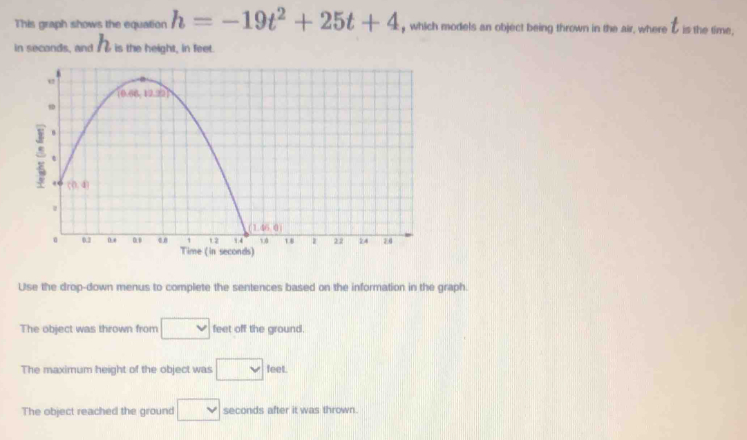 This graph shows the equation h=-19t^2+25t+4 , which models an object being thrown in the air, where I is the time,
in secands, and I t is the height, in feet.
Use the drop-down menus to complete the sentences based on the information in the graph.
The object was thrown from □ feet off the ground.
The maximum height of the object was 
The object reached the ground □ seconds after it was thrown.