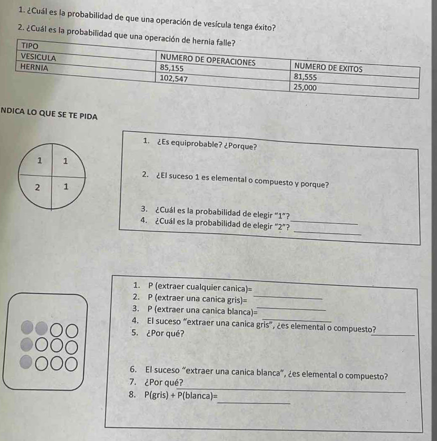 ¿Cuál es la probabilidad de que una operación de vesícula tenga éxito? 
2. ¿Cuál es la probabilidad q 
NDICA LO QUE SE TE PIDA 
1. ¿Es equiprobable? ¿Porque?
1 1
2. ¿El suceso 1 es elemental o compuesto y porque?
2 1
3. ¿Cuál es la probabilidad de elegir “ 1 ”? 
_ 
4. ¿Cuál es la probabilidad de elegir “ 2 ”?_ 
1. P (extraer cualquier canica)= 
2. P (extraer una canica gris)=_ 
3. P (extraer una canica blanca)=_ 
4. El suceso “extraer una canica gris”, ¿es elemental o compuesto? 
5.¿Por qué? 
_ 
6. El suceso “extraer una canica blanca”, ¿es elemental o compuesto? 
_ 
7. ¿Por qué? 
_ 
8. a P(gris)+P(blanca)=