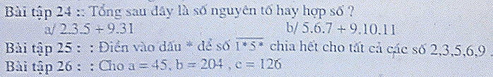 Bài tập 24 :: Tổng sau đây là số nguyên tố hay hợp số ?
2.3.5+9.31
b/ 5.6.7+9.10.11
Bải tập 25 : : Điền vào đấu * để s6overline 1^*5^* chia hết cho tất cả các số 2, 3, 5, 6, 9. 
Bài tập 26 : : Cho a=45, b=204, c=126