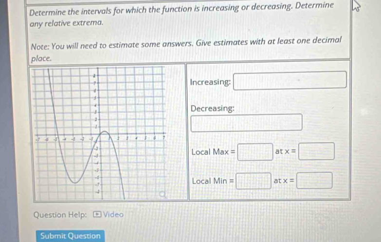 Determine the intervals for which the function is increasing or decreasing. Determine 
any relative extrema. 
Note: You will need to estimate some answers. Give estimates with at least one decimal 
place. 
Increasing: □ 
Decreasing:
d= □ /□   7°
1111
Local Max =□ at x=□
Local Min=□ at x=□
Question Help: Video 
Submit Question