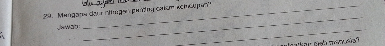 Mengapa daur nitrogen penting dalam kehidupan? 
_ 
Jawab: 
_ 
atkan oleh manusia?