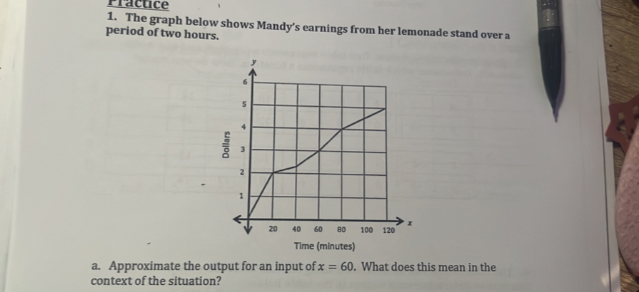 Practice 
1. The graph below shows Mandy’s earnings from her lemonade stand over a 
period of two hours. 
Time (minutes) 
a. Approximate the output for an input of x=60. What does this mean in the 
context of the situation?