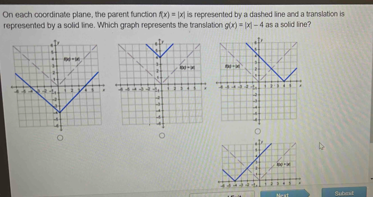 On each coordinate plane, the parent function f(x)=|x| is represented by a dashed line and a translation is
represented by a solid line. Which graph represents the translation g(x)=|x|-4 as a solid line?
  
  
.
5
5
f(x)=|x|
2
1
-6 -5 -4 -3 -2 -1 2 3 4 s x
Next Submit