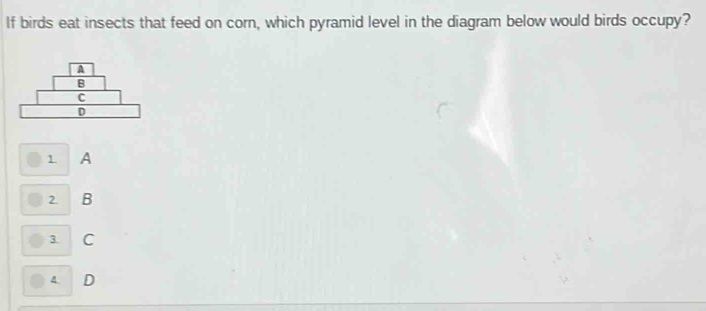 If birds eat insects that feed on corn, which pyramid level in the diagram below would birds occupy?
1 A
2 B
3 C
4. D