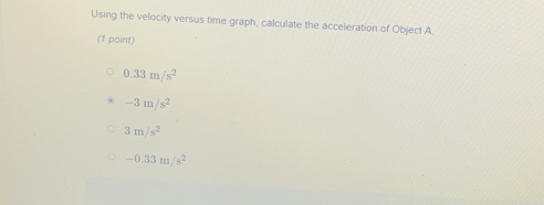 Using the velocity versus time graph, calculate the acceleration of Object A.
(1 point)
0.33m/s^2
-3m/s^2
3m/s^2
-0.33m/s^2