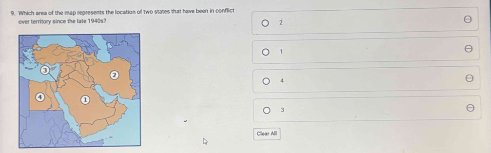 Which area of the map represents the location of two states that have been in conflict
over territory since the late 1940s?
2
1
4
3
Clear All