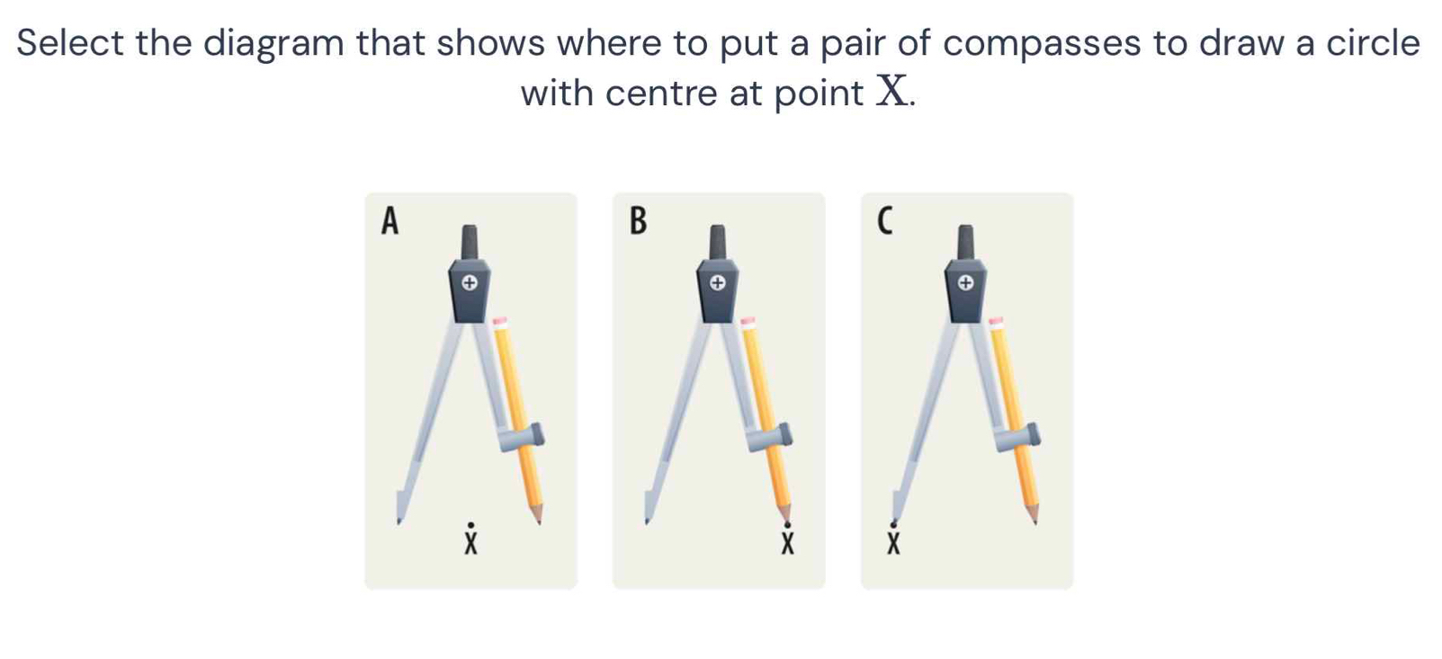 Select the diagram that shows where to put a pair of compasses to draw a circle 
with centre at point X. 
( 
④
x