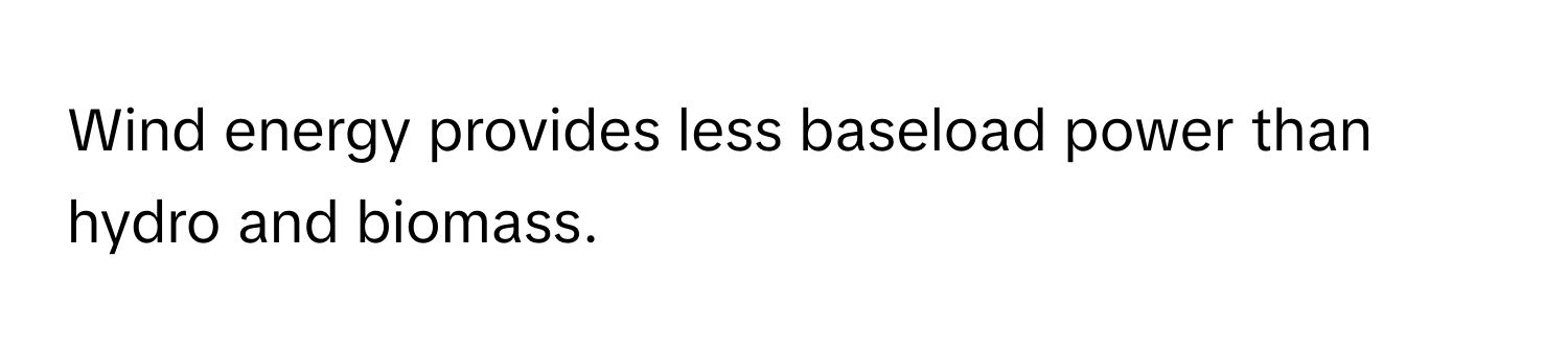 Wind energy provides less baseload power than hydro and biomass.