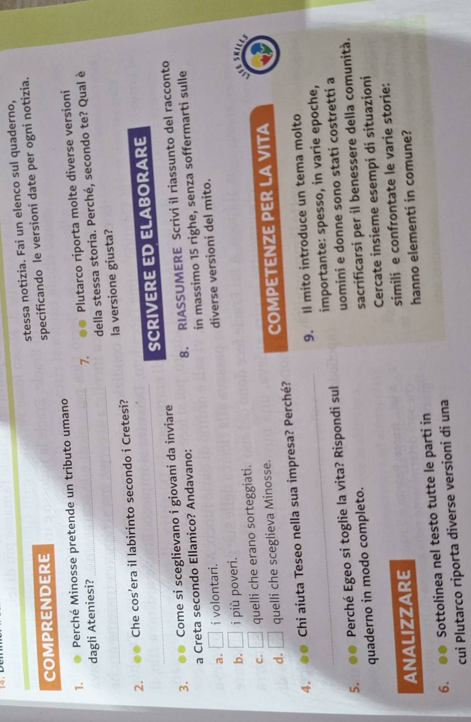 stessa notizia. Fai un elenco sul quaderno,
COMPRENDERE
specificando le versioni date per ogni notizia.
1. Perché Minosse pretende un tributo umano
_7. Plutarco riporta molte diverse versioni
_
della stessa storia. Perché, secondo te? Qual è
dagli Ateniesi?
2. Che cos’era il labirinto secondo i Cretesi? la versione giusta?
_SCRIVERE ED ELABORARE
3. Come si sceglievano i giovani da inviare
a Creta secondo Ellanico? Andavano: 8. RIASSUMERE Scrivi il riassunto del racconto
a. i volontari. in massimo 15 righe, senza soffermarti sulle
b. i più poveri. diverse versioni del mito.
C. quelli che erano sorteggiati.
AFE SKI
d. quelli che sceglieva Minosse.
COMPETENZE PER LA VITA
4. Chi aiuta Teseo nella sua impresa? Perché?
9. Il mito introduce un tema molto
_importante: spesso, in varie epoche,
5. . Perché Egeo si toglie la vita? Rispondi sul
uomini e donne sono stati costretti a
quaderno in modo completo.
sacrificarsi per il benessere della comunità.
Cercate insieme esempi di situazioni
simili e confrontate le varie storie:
analizzare
hanno elementi in comune?
6. Sottolinea nel testo tutte le parti in
cui Plutarco riporta diverse versioni di una