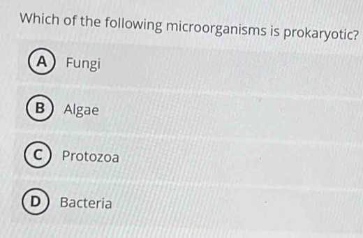 Which of the following microorganisms is prokaryotic?
AFungi
B Algae
C Protozoa
D Bacteria